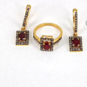 14k Gold Look Finish Red Ruby Ring Earring Jewelry Set Designer Rosecut Pave Diamond 925 Sterling Silver Handmade Diamond Ring