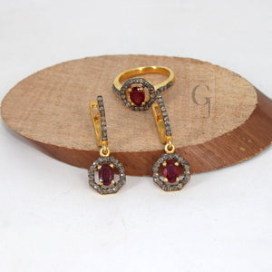 14k Gold Look Finish Red Ruby Ring Earring Jewelry Set Designer Rosecut Pave Diamond 925 Sterling Silver Handmade Diamond Ring