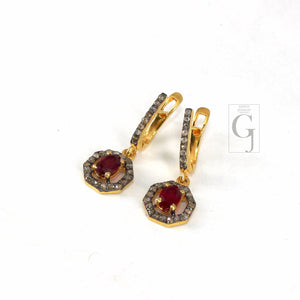 14k Gold Look Finish Red Ruby Ring Earring Jewelry Set Designer Rosecut Pave Diamond 925 Sterling Silver Handmade Diamond Ring