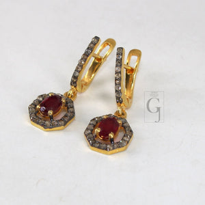 14k Gold Look Finish Red Ruby Ring Earring Jewelry Set Designer Rosecut Pave Diamond 925 Sterling Silver Handmade Diamond Ring