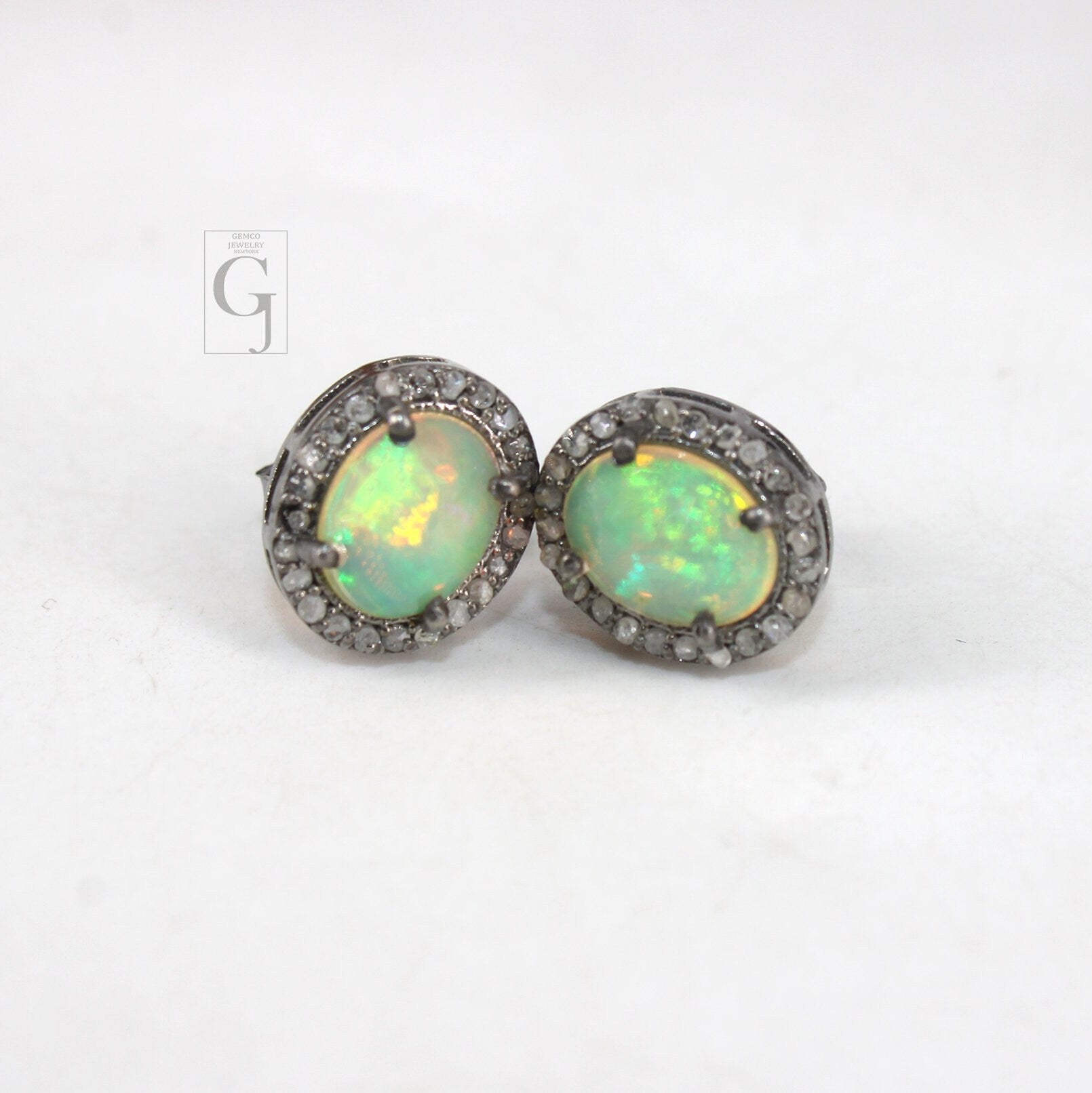 Natural Opal Oval Stud Earrings Tops Pave  Rosecut Diamond 925 Sterling Silver Handmade Very Beautiful  Diamond Pave Stud Earrings