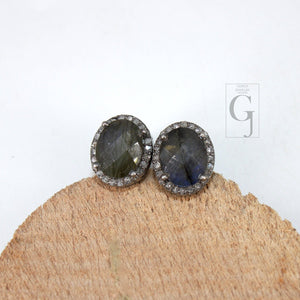 Antique look oval Labradorite studs Pave rosecut diamond 925 sterling silver handmade diamond setting with labradorite  stone earring stud