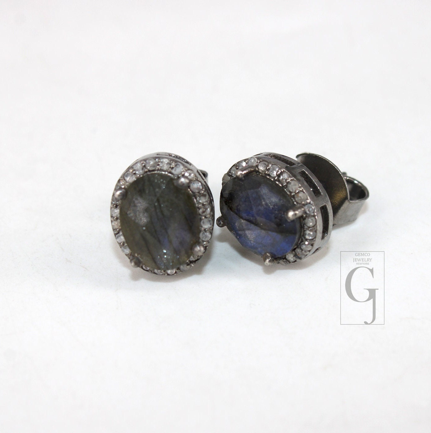 Antique look oval Labradorite studs Pave rosecut diamond 925 sterling silver handmade diamond setting with labradorite  stone earring stud