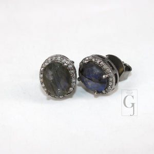 Antique look oval Labradorite studs Pave rosecut diamond 925 sterling silver handmade diamond setting with labradorite  stone earring stud