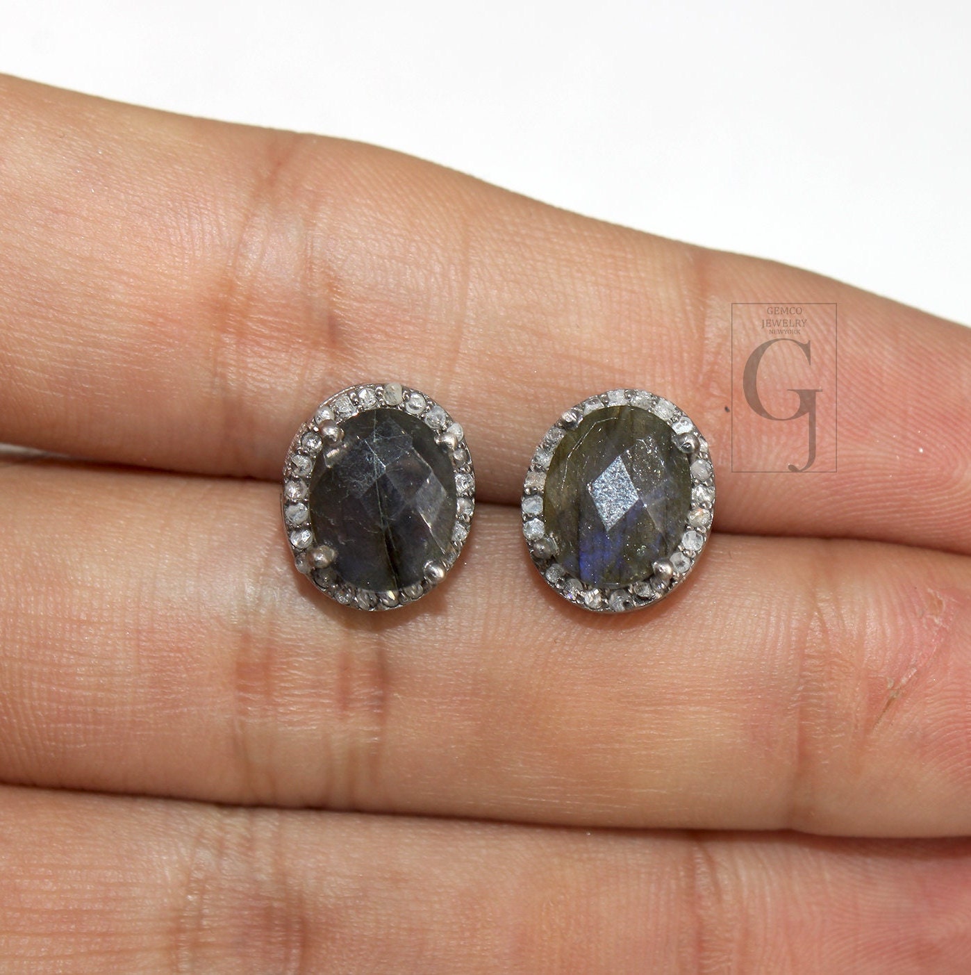 Antique look oval Labradorite studs Pave rosecut diamond 925 sterling silver handmade diamond setting with labradorite  stone earring stud