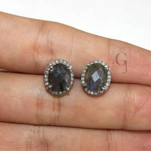 Antique look oval Labradorite studs Pave rosecut diamond 925 sterling silver handmade diamond setting with labradorite  stone earring stud