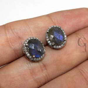 Antique look oval Labradorite studs Pave rosecut diamond 925 sterling silver handmade diamond setting with labradorite  stone earring stud