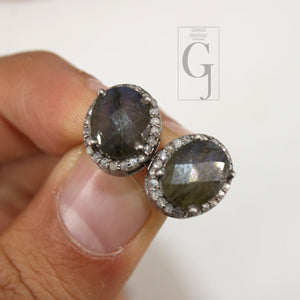 Antique look oval Labradorite studs Pave rosecut diamond 925 sterling silver handmade diamond setting with labradorite  stone earring stud