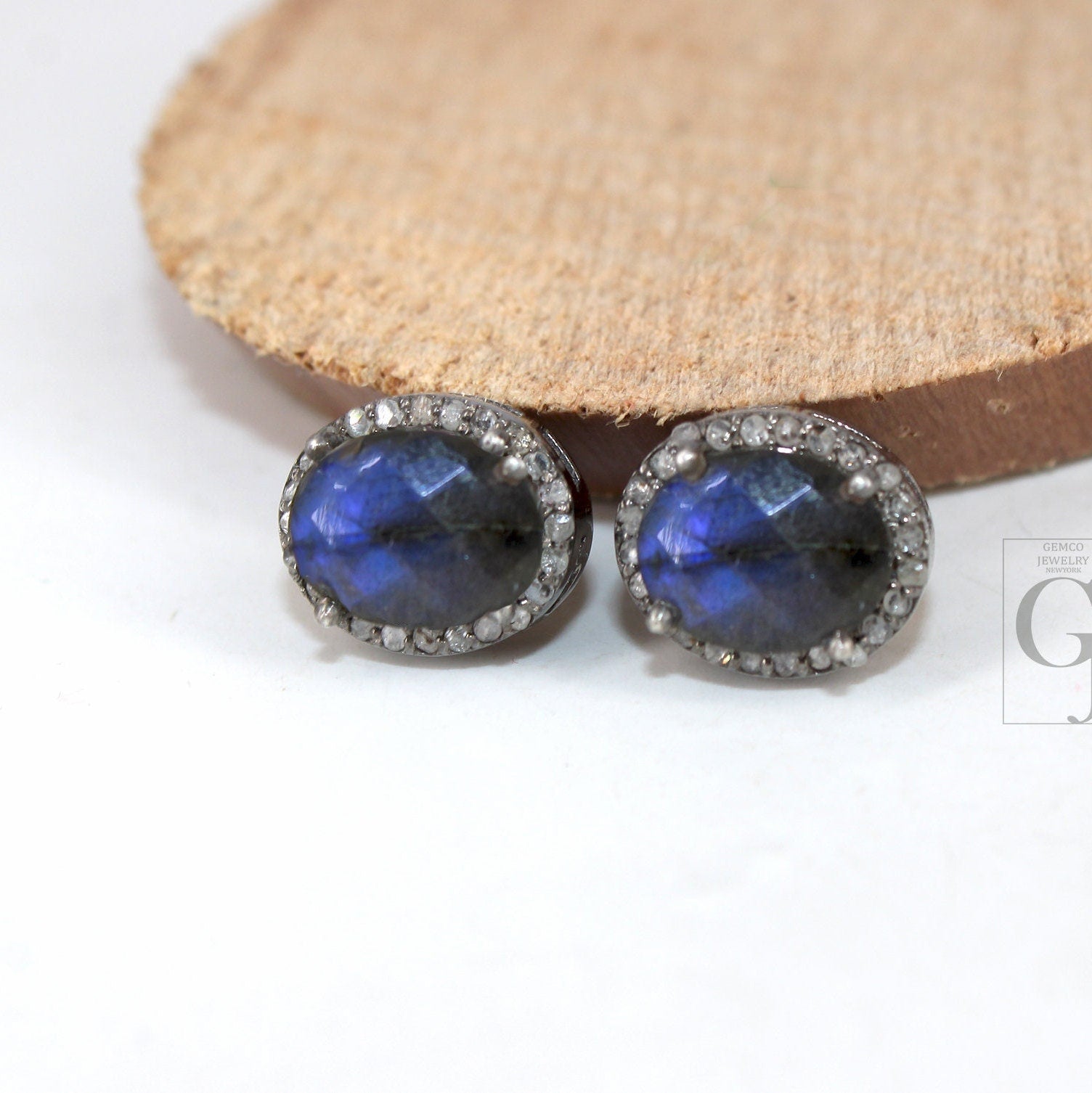 Antique look oval Labradorite studs Pave rosecut diamond 925 sterling silver handmade diamond setting with labradorite  stone earring stud