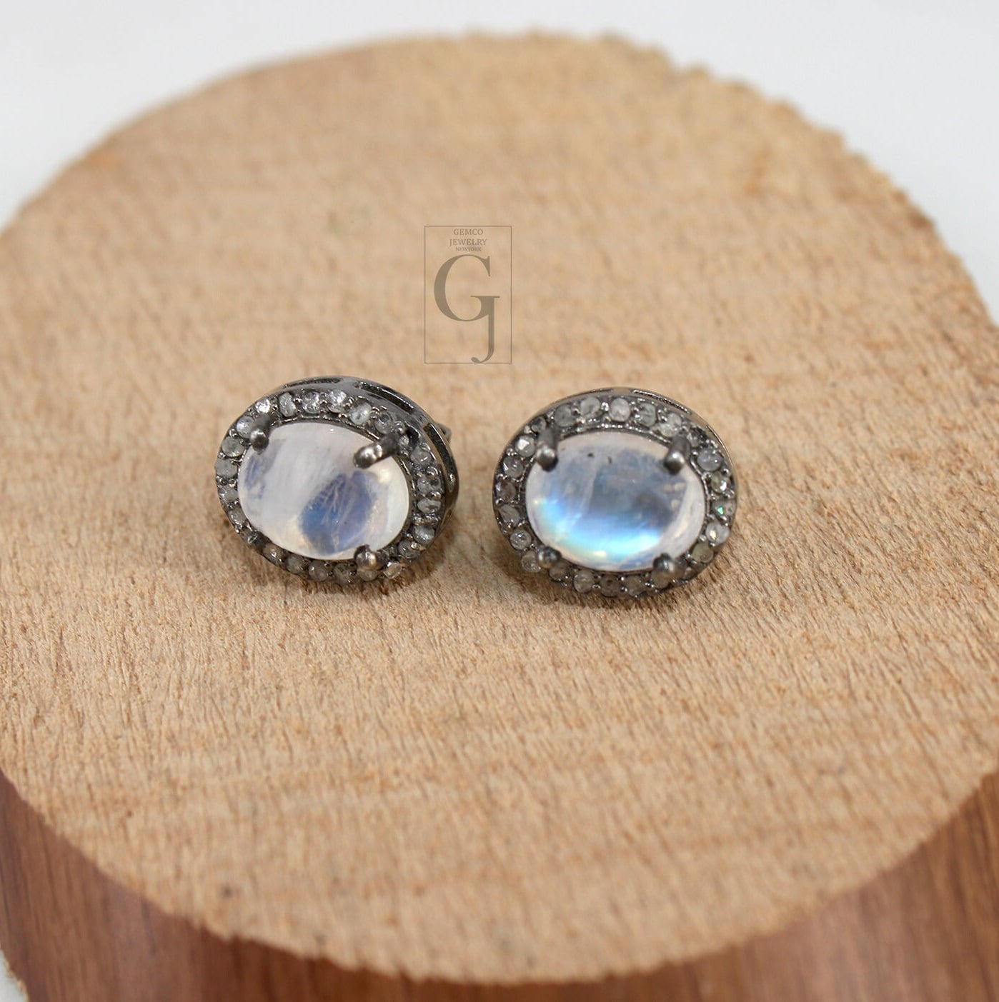 Antique Look Moonstone Round Earring Studs Pave Rosecut Diamond 925 Sterling Silver Handmade Very Beautiful  Diamond Pave Stud Earrings