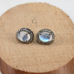 Antique Look Moonstone Round Earring Studs Pave Rosecut Diamond 925 Sterling Silver Handmade Very Beautiful  Diamond Pave Stud Earrings