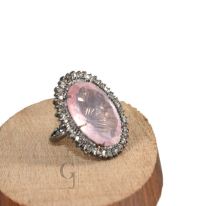 Beautiful Baguette diamond rose quartz ring designer Rosecut pave diamond rings 925 sterling silver handmade silver finish diamond ring