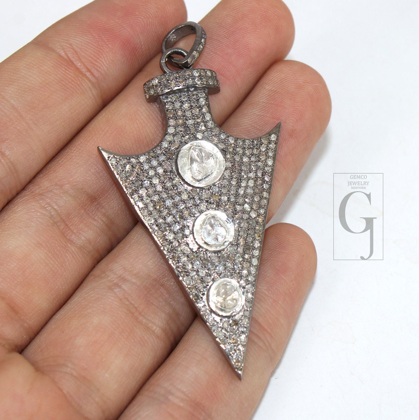 Polki Arrowhead pendant design Rocecut pave diamond pendant 925 sterling silver handmade finish diamond pendant Hollywood style jewelry