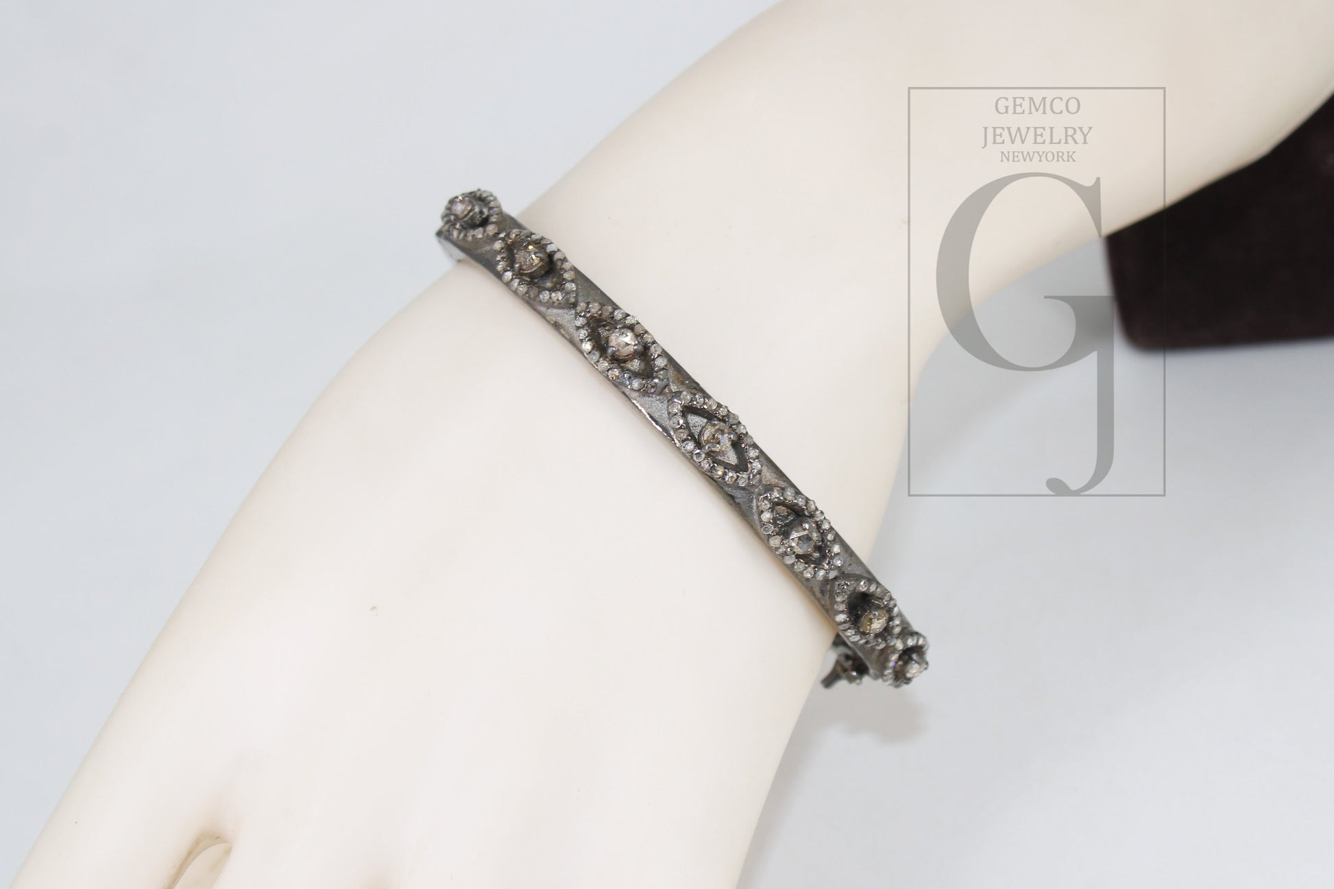 Antique Look Evil Eye Bangle Rosecut Pave Diamond Bangle Bracelet 925 Sterling Silver Handmade Finish Diamond Bangle Bracelet