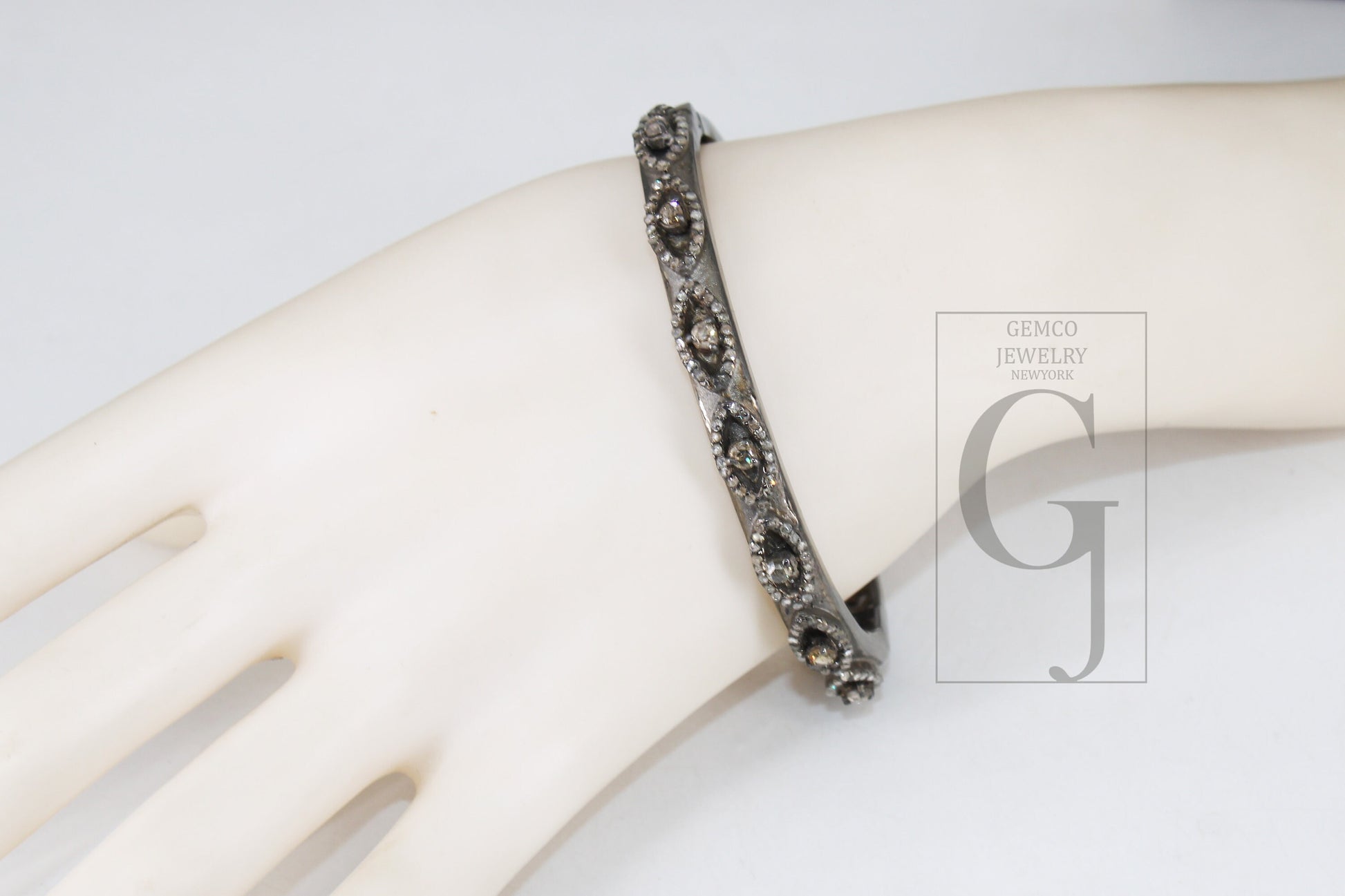 Antique Look Evil Eye Bangle Rosecut Pave Diamond Bangle Bracelet 925 Sterling Silver Handmade Finish Diamond Bangle Bracelet