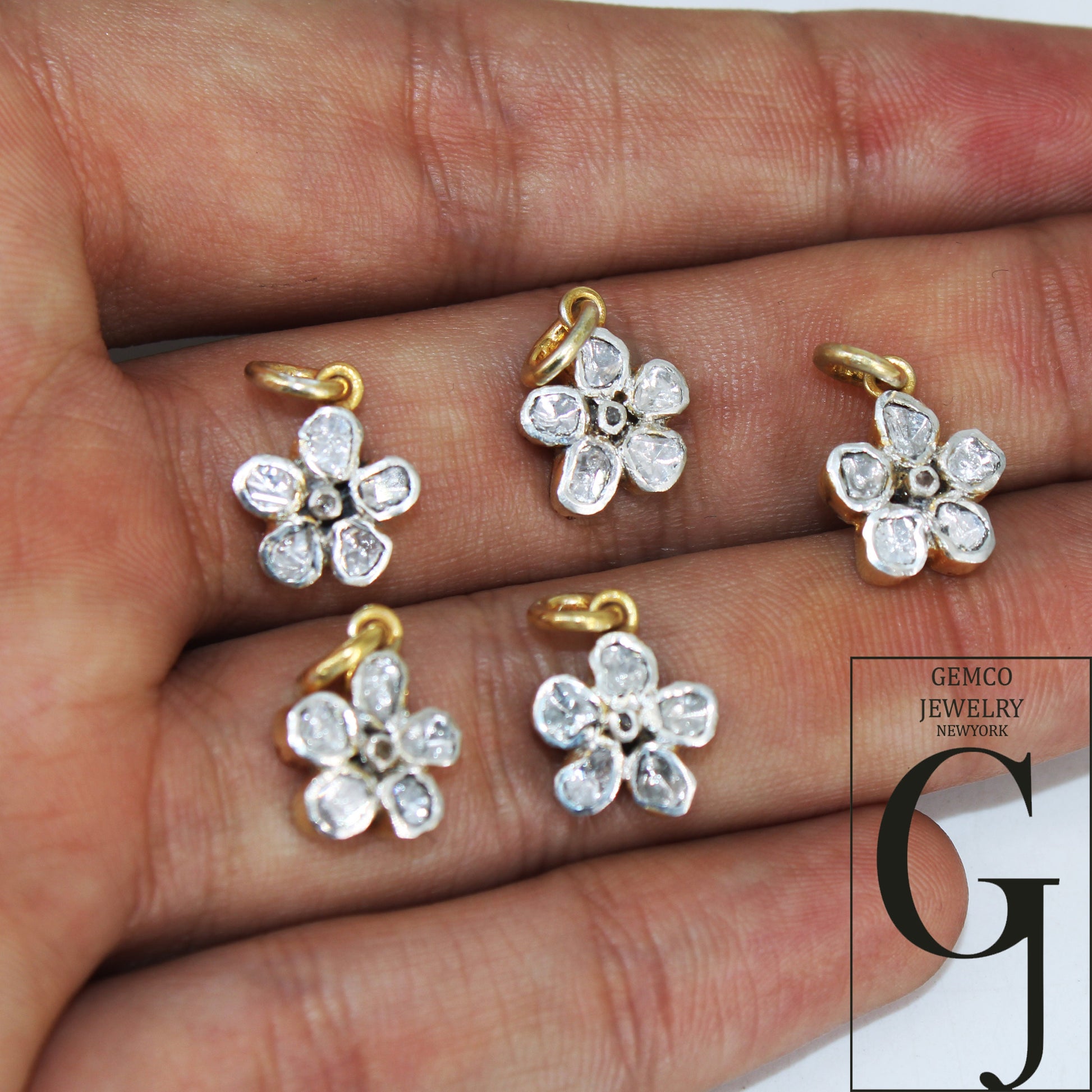 14k Gold Finish Slice Diamond Flower Pendant Rosecut Pave Diamond Pendant 925 Sterling Silver Handmade Finish Diamond Charm Necklace Pendant