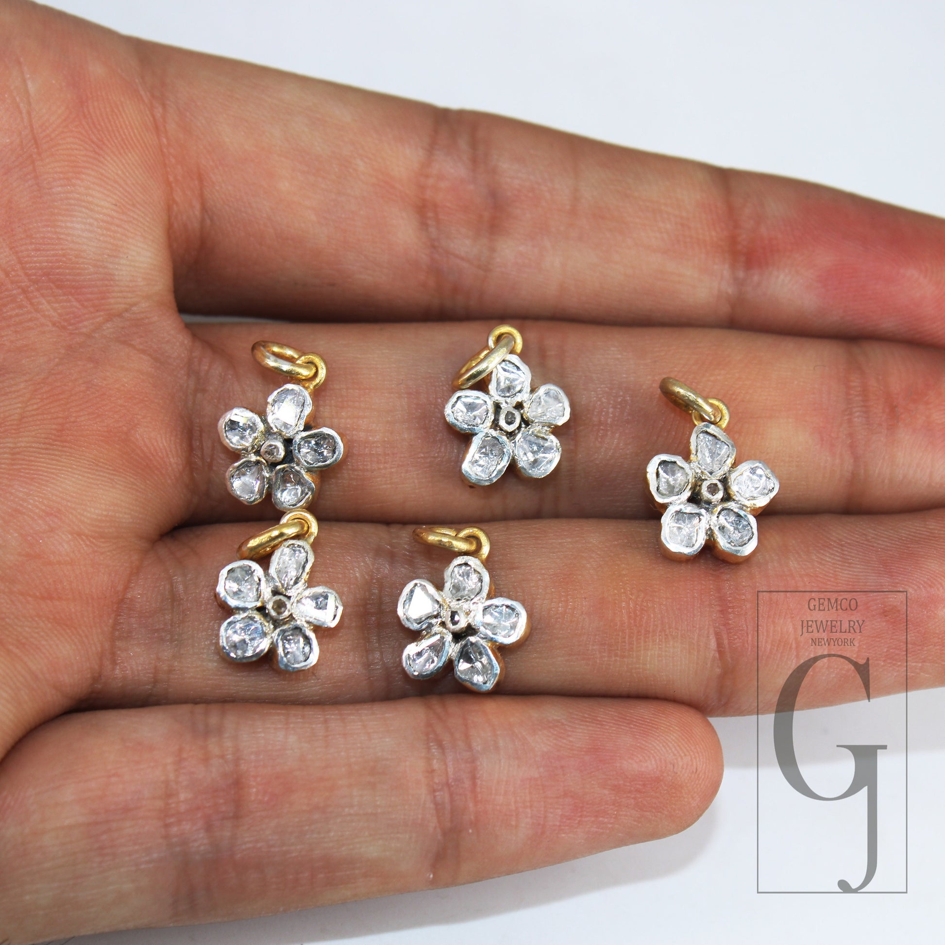 14k Gold Finish Slice Diamond Flower Pendant Rosecut Pave Diamond Pendant 925 Sterling Silver Handmade Finish Diamond Charm Necklace Pendant