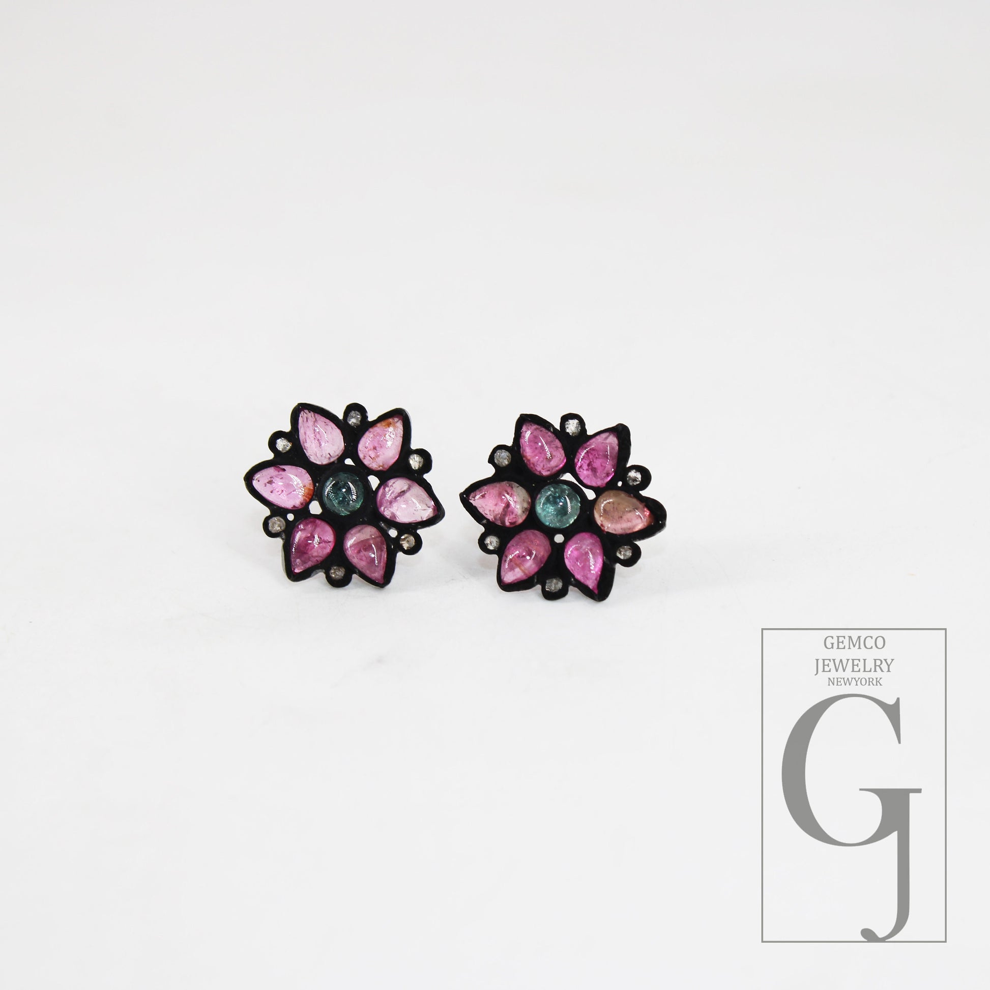 Flower design tourmaline earring Pave rosecut diamond 925 sterling silver handmade beautiful studs latest design diamond pave stud earrings