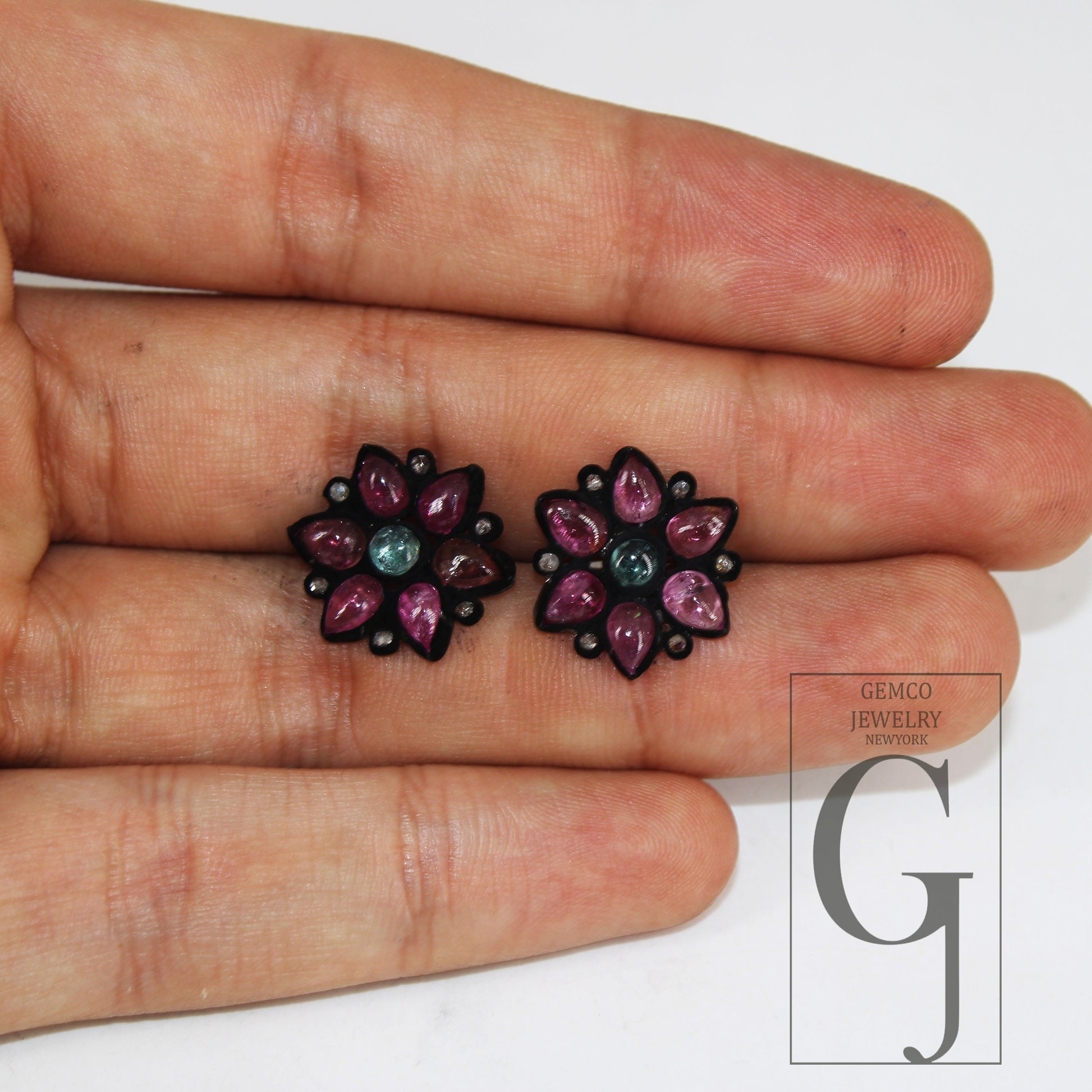 Flower design tourmaline earring Pave rosecut diamond 925 sterling silver handmade beautiful studs latest design diamond pave stud earrings