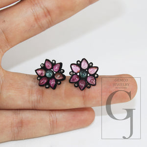 Flower design tourmaline earring Pave rosecut diamond 925 sterling silver handmade beautiful studs latest design diamond pave stud earrings