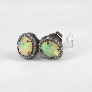 Natural Opal Oval Stud Earrings Tops Pave  Rosecut Diamond 925 Sterling Silver Handmade Very Beautiful  Diamond Pave Stud Earrings