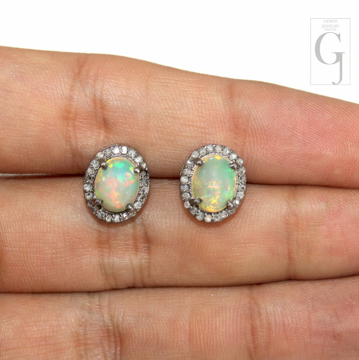 Natural Opal Oval Stud Earrings Tops Pave  Rosecut Diamond 925 Sterling Silver Handmade Very Beautiful  Diamond Pave Stud Earrings