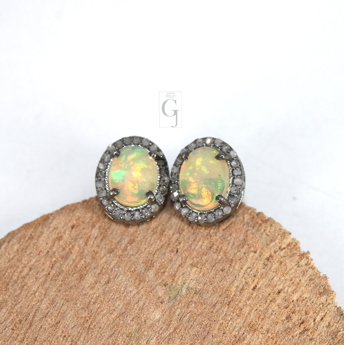 Natural Opal Oval Stud Earrings Tops Pave  Rosecut Diamond 925 Sterling Silver Handmade Very Beautiful  Diamond Pave Stud Earrings