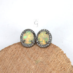 Natural Opal Oval Stud Earrings Tops Pave  Rosecut Diamond 925 Sterling Silver Handmade Very Beautiful  Diamond Pave Stud Earrings