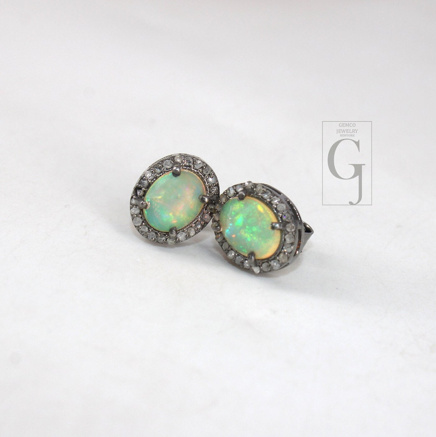 Natural Opal Oval Stud Earrings Tops Pave  Rosecut Diamond 925 Sterling Silver Handmade Very Beautiful  Diamond Pave Stud Earrings