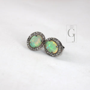 Natural Opal Oval Stud Earrings Tops Pave  Rosecut Diamond 925 Sterling Silver Handmade Very Beautiful  Diamond Pave Stud Earrings