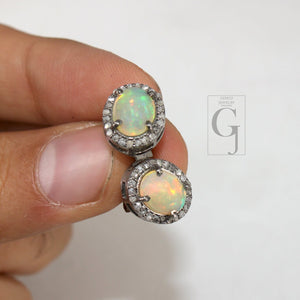 Natural Opal Oval Stud Earrings Tops Pave  Rosecut Diamond 925 Sterling Silver Handmade Very Beautiful  Diamond Pave Stud Earrings