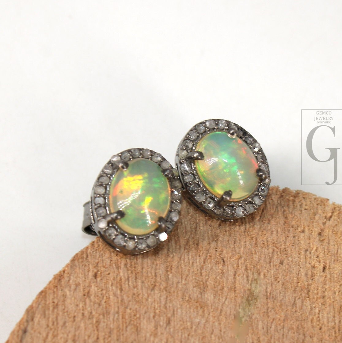 Natural Opal Oval Stud Earrings Tops Pave  Rosecut Diamond 925 Sterling Silver Handmade Very Beautiful  Diamond Pave Stud Earrings