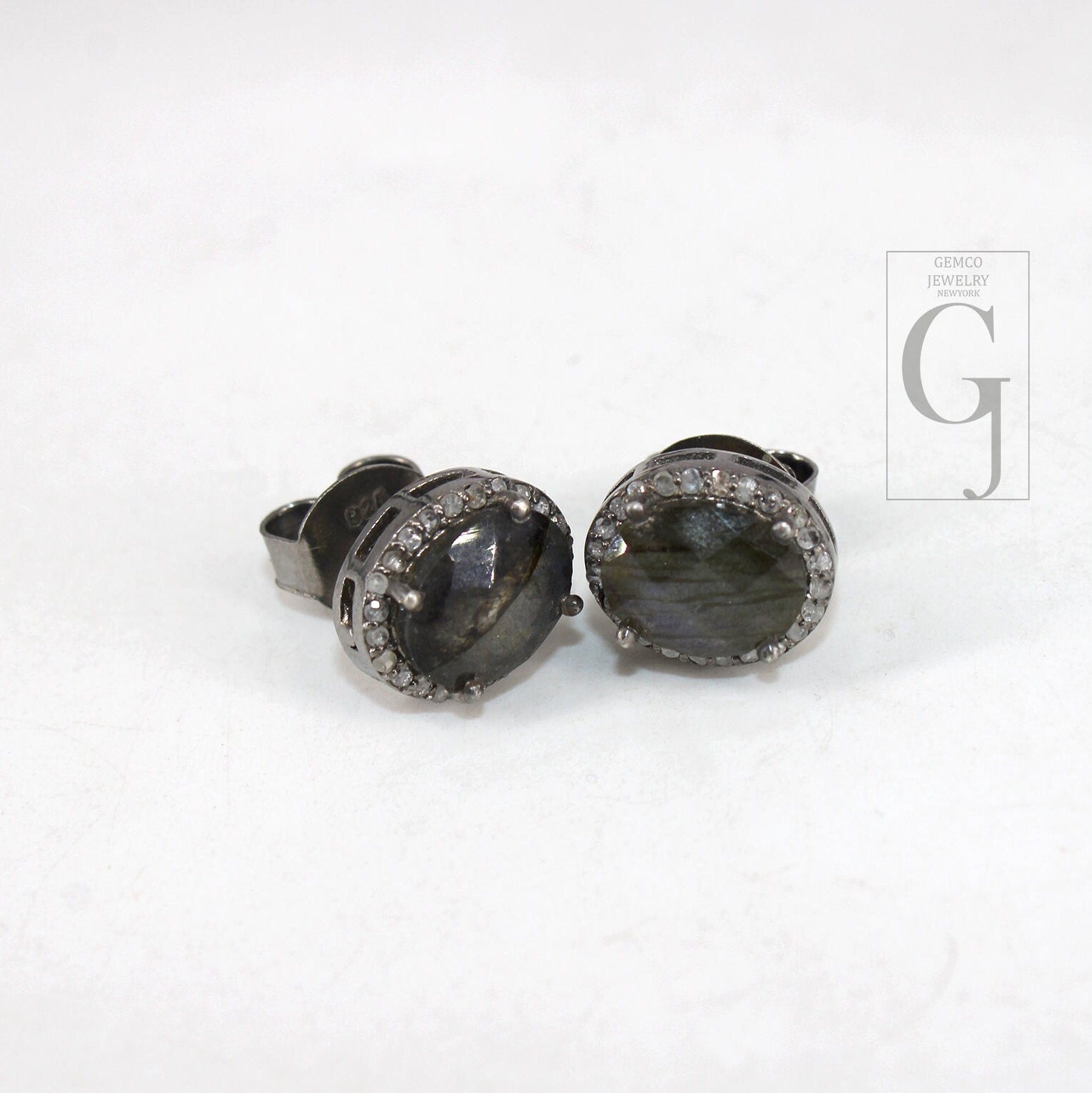 Antique look oval Labradorite studs Pave rosecut diamond 925 sterling silver handmade diamond setting with labradorite  stone earring stud