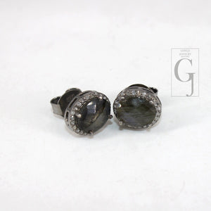 Antique look oval Labradorite studs Pave rosecut diamond 925 sterling silver handmade diamond setting with labradorite  stone earring stud