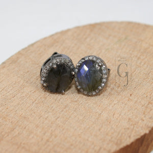 Antique look oval Labradorite studs Pave rosecut diamond 925 sterling silver handmade diamond setting with labradorite  stone earring stud