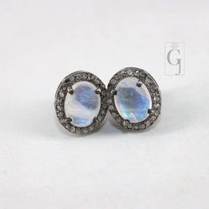 Antique Look Moonstone Round Earring Studs Pave Rosecut Diamond 925 Sterling Silver Handmade Very Beautiful  Diamond Pave Stud Earrings