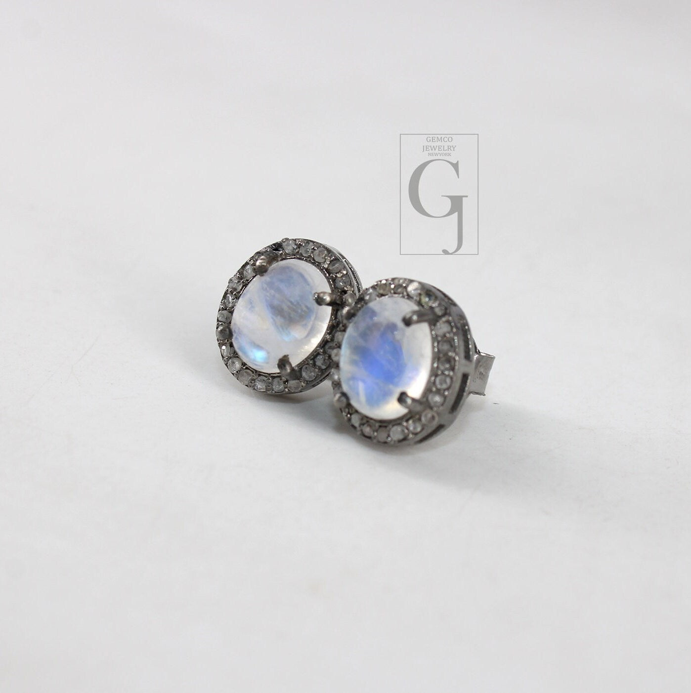 Antique Look Moonstone Round Earring Studs Pave Rosecut Diamond 925 Sterling Silver Handmade Very Beautiful  Diamond Pave Stud Earrings