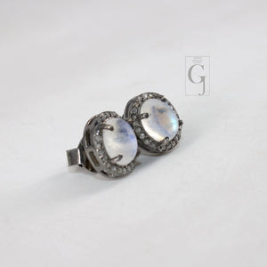 Antique Look Moonstone Round Earring Studs Pave Rosecut Diamond 925 Sterling Silver Handmade Very Beautiful  Diamond Pave Stud Earrings