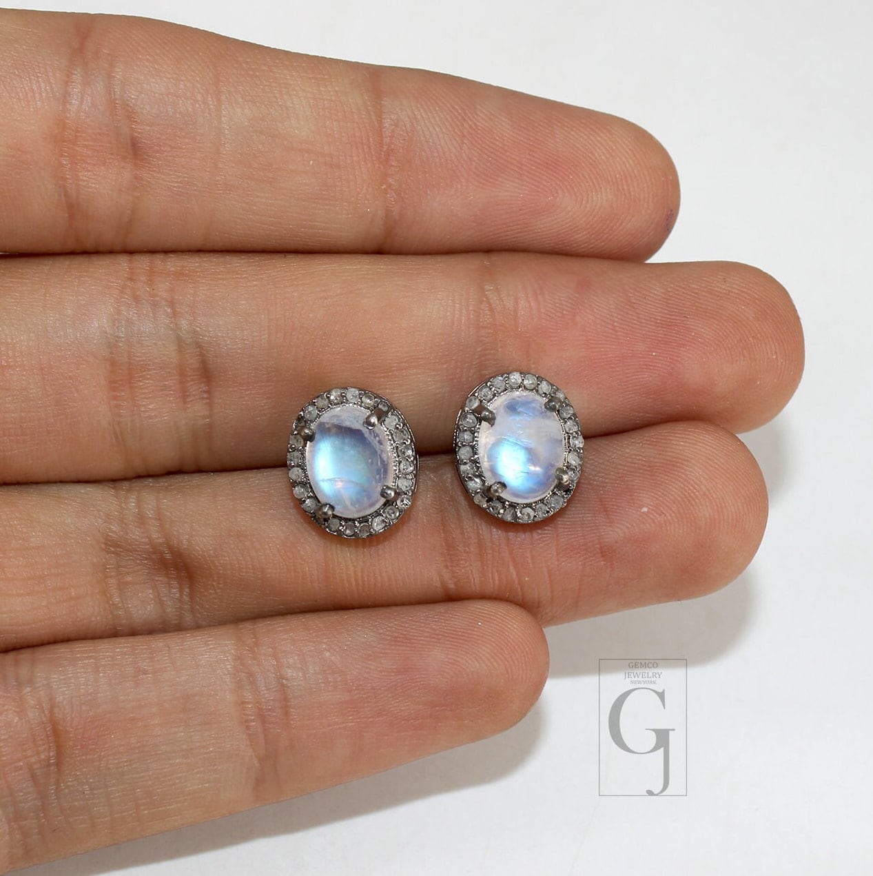 Antique Look Moonstone Round Earring Studs Pave Rosecut Diamond 925 Sterling Silver Handmade Very Beautiful  Diamond Pave Stud Earrings