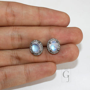 Antique Look Moonstone Round Earring Studs Pave Rosecut Diamond 925 Sterling Silver Handmade Very Beautiful  Diamond Pave Stud Earrings