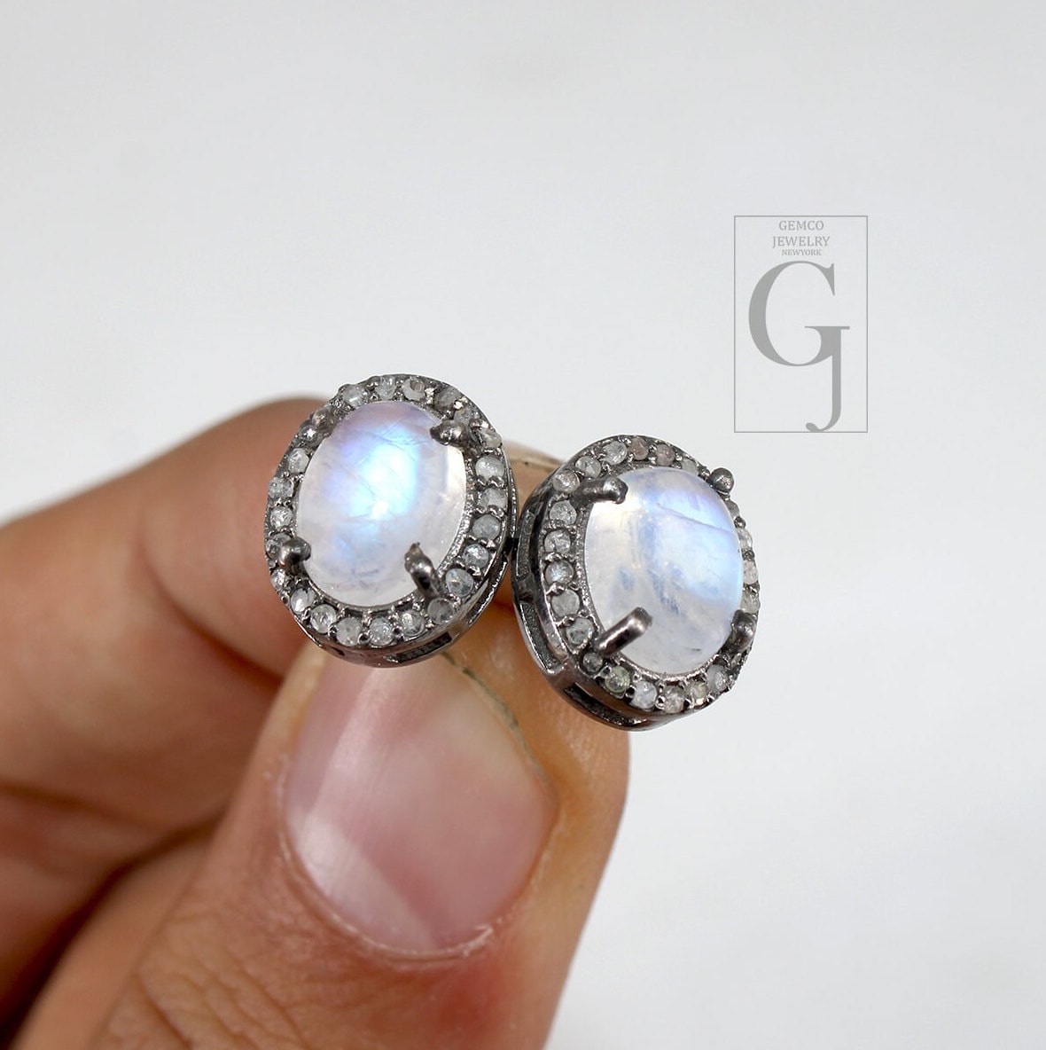 Antique Look Moonstone Round Earring Studs Pave Rosecut Diamond 925 Sterling Silver Handmade Very Beautiful  Diamond Pave Stud Earrings