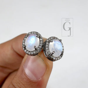 Antique Look Moonstone Round Earring Studs Pave Rosecut Diamond 925 Sterling Silver Handmade Very Beautiful  Diamond Pave Stud Earrings