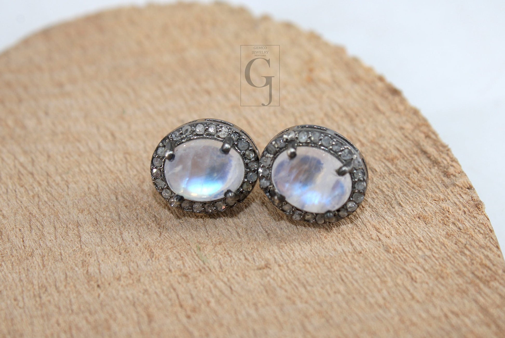 Antique Look Moonstone Round Earring Studs Pave Rosecut Diamond 925 Sterling Silver Handmade Very Beautiful  Diamond Pave Stud Earrings