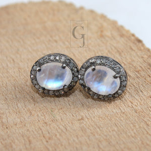 Antique Look Moonstone Round Earring Studs Pave Rosecut Diamond 925 Sterling Silver Handmade Very Beautiful  Diamond Pave Stud Earrings