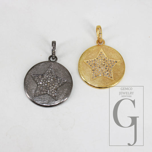 Antique Finish Star Pendant Designer Rosecut Pave Diamond Pendant 925 Sterling Silver Handmade Finish Diamond Charms Necklace Pendant