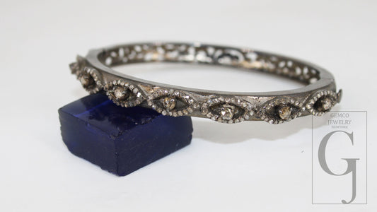 Antique Look Evil Eye Bangle Rosecut Pave Diamond Bangle Bracelet 925 Sterling Silver Handmade Finish Diamond Bangle Bracelet