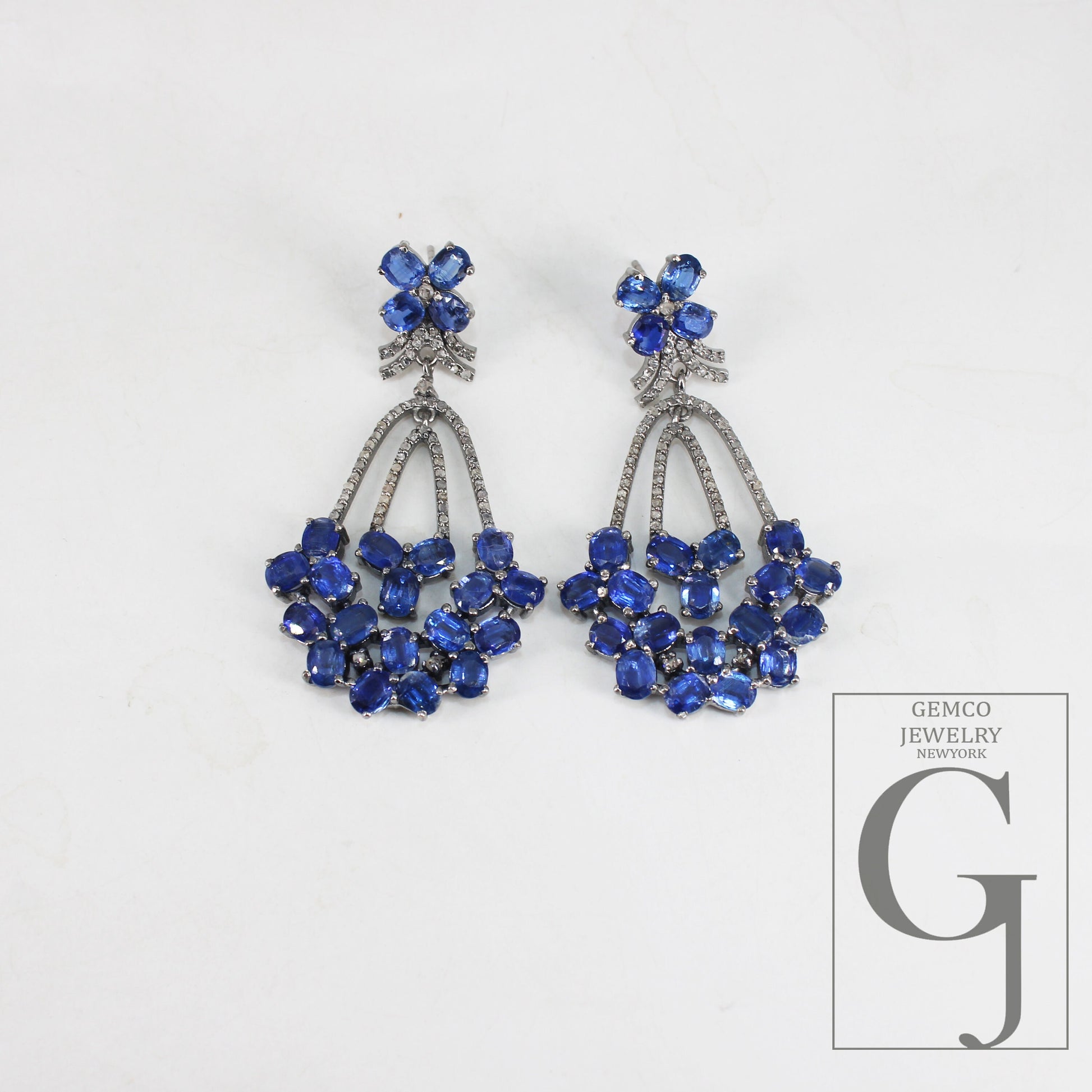 Natural Blue Kyanite Stone With Rosecut Diamond Pave Setting Diamond Earring Designer Sterling Silver Oxidized Earring