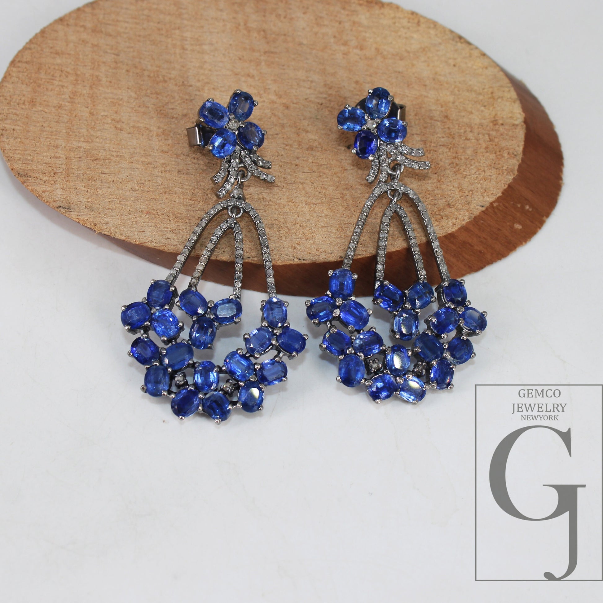 Natural Blue Kyanite Stone With Rosecut Diamond Pave Setting Diamond Earring Designer Sterling Silver Oxidized Earring