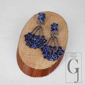 Natural Blue Kyanite Stone With Rosecut Diamond Pave Setting Diamond Earring Designer Sterling Silver Oxidized Earring