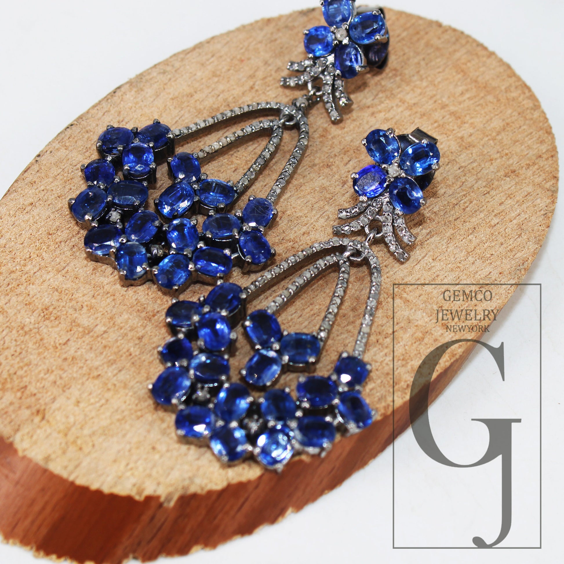 Natural Blue Kyanite Stone With Rosecut Diamond Pave Setting Diamond Earring Designer Sterling Silver Oxidized Earring